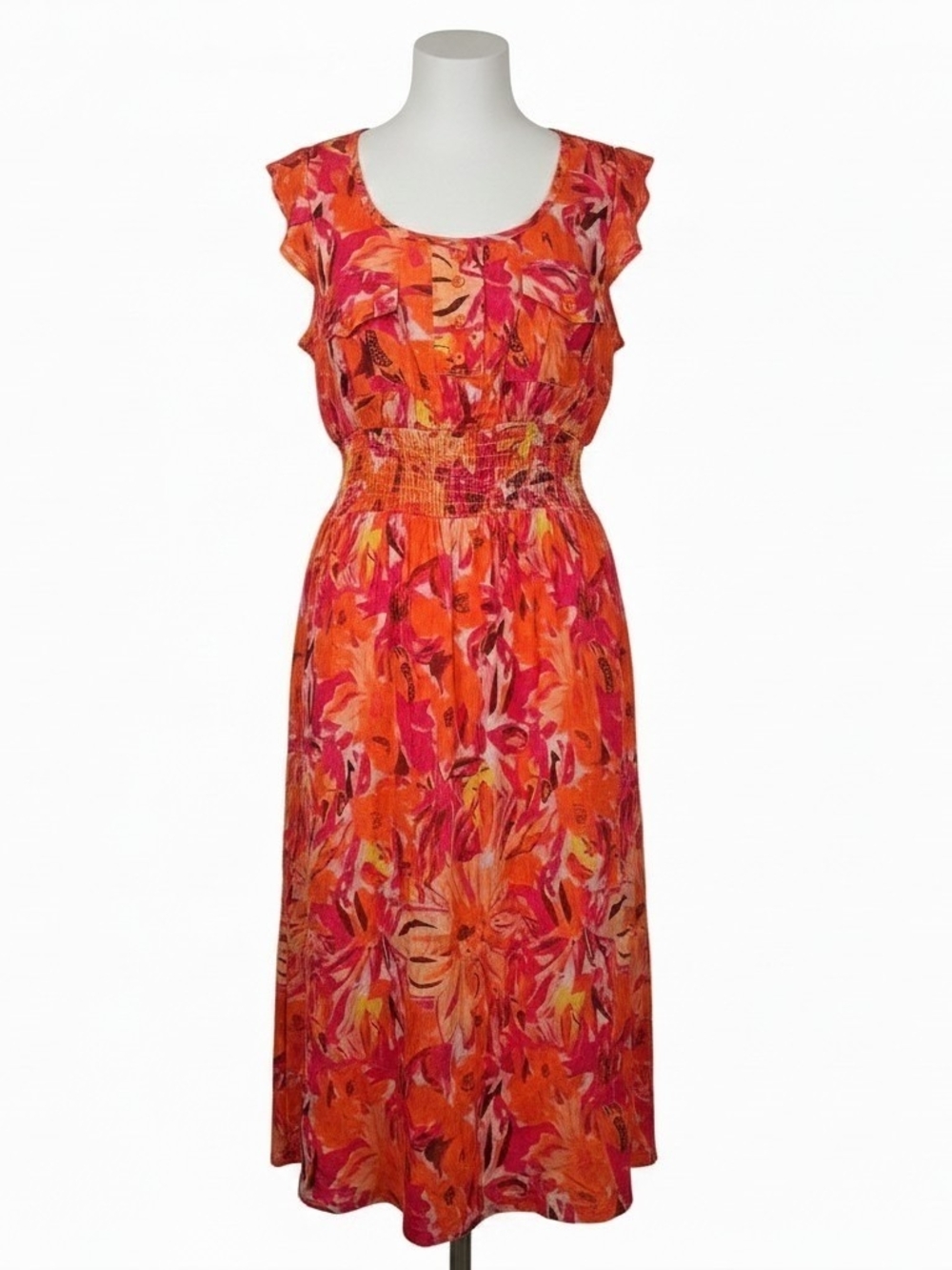Floral Orange & Pink Smocked-Waist Midi Dress